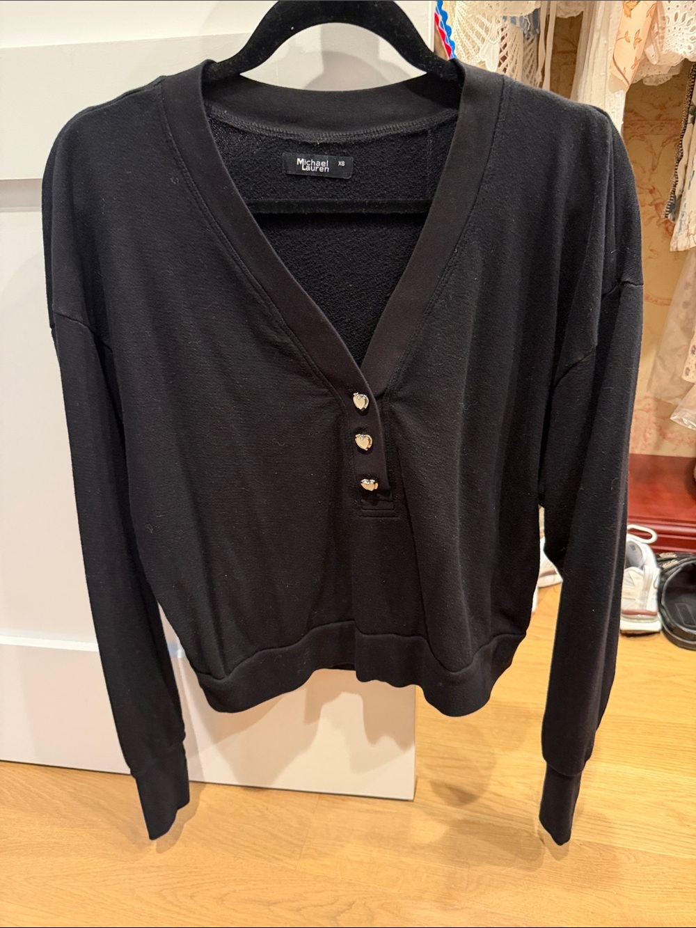 Michael Lauren Black V-Neck Button Henley Sweatshirt xs